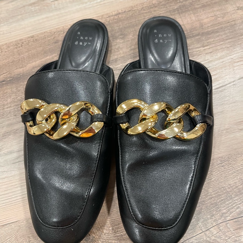 a new day Black Slip-On Mules with Gold Chain Detail